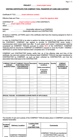 Vesting Certificate for Transfer of Care & Custody - COMPANY SPECIAL TOOLS / MACHINERIES