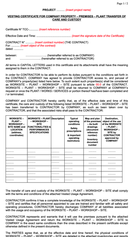 Vesting Certificate for Transfer of Care and Custody - PLANT / SITE / WORKSITE / WORKSHOP